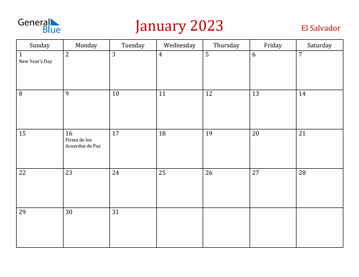 El Salvador January 2023 Calendar - Sunday Start