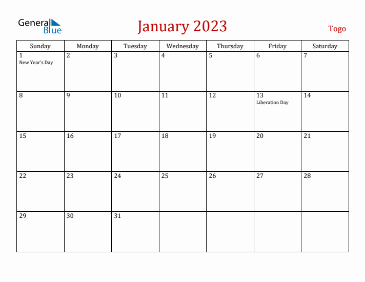 Togo January 2023 Calendar - Sunday Start