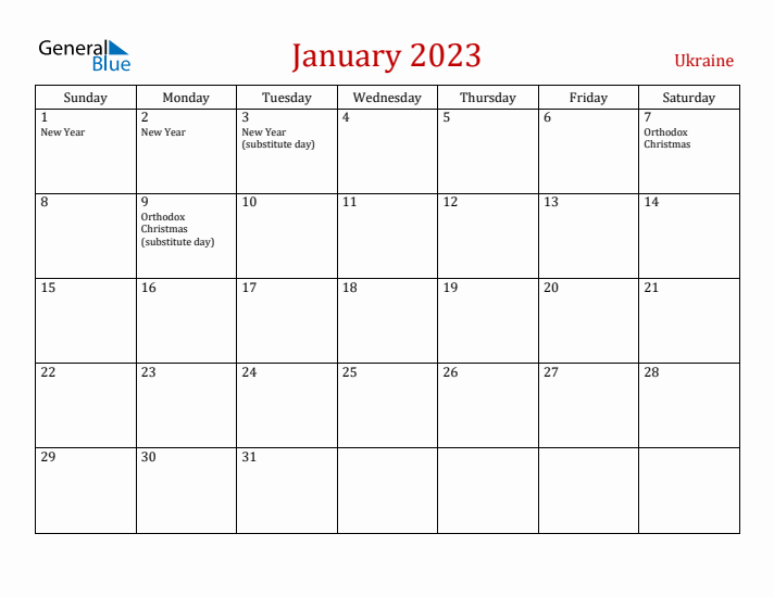 Ukraine January 2023 Calendar - Sunday Start
