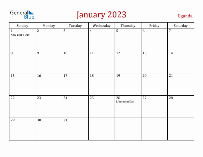 Uganda January 2023 Calendar - Sunday Start