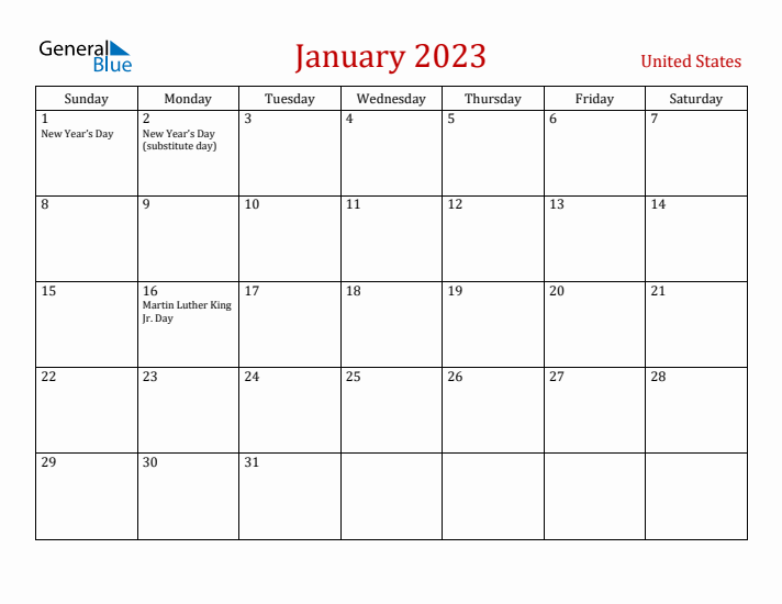 United States January 2023 Calendar - Sunday Start