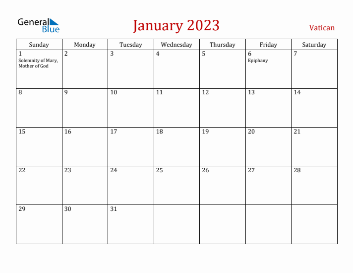 Vatican January 2023 Calendar - Sunday Start