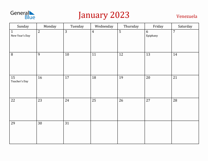 Venezuela January 2023 Calendar - Sunday Start