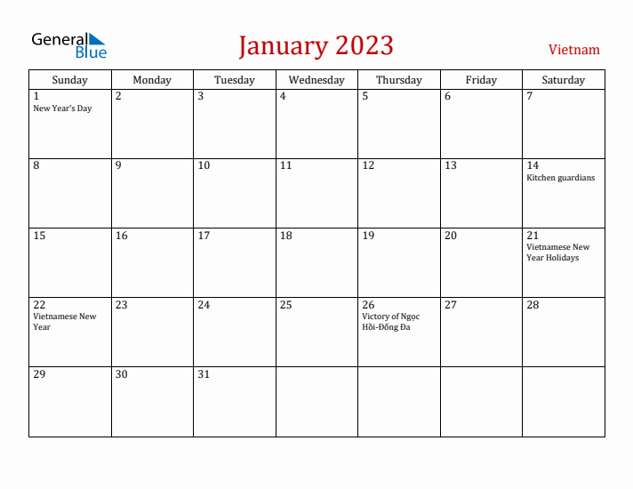 Vietnam January 2023 Calendar - Sunday Start