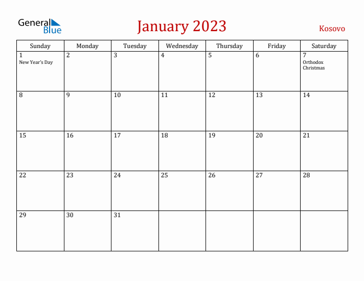 Kosovo January 2023 Calendar - Sunday Start