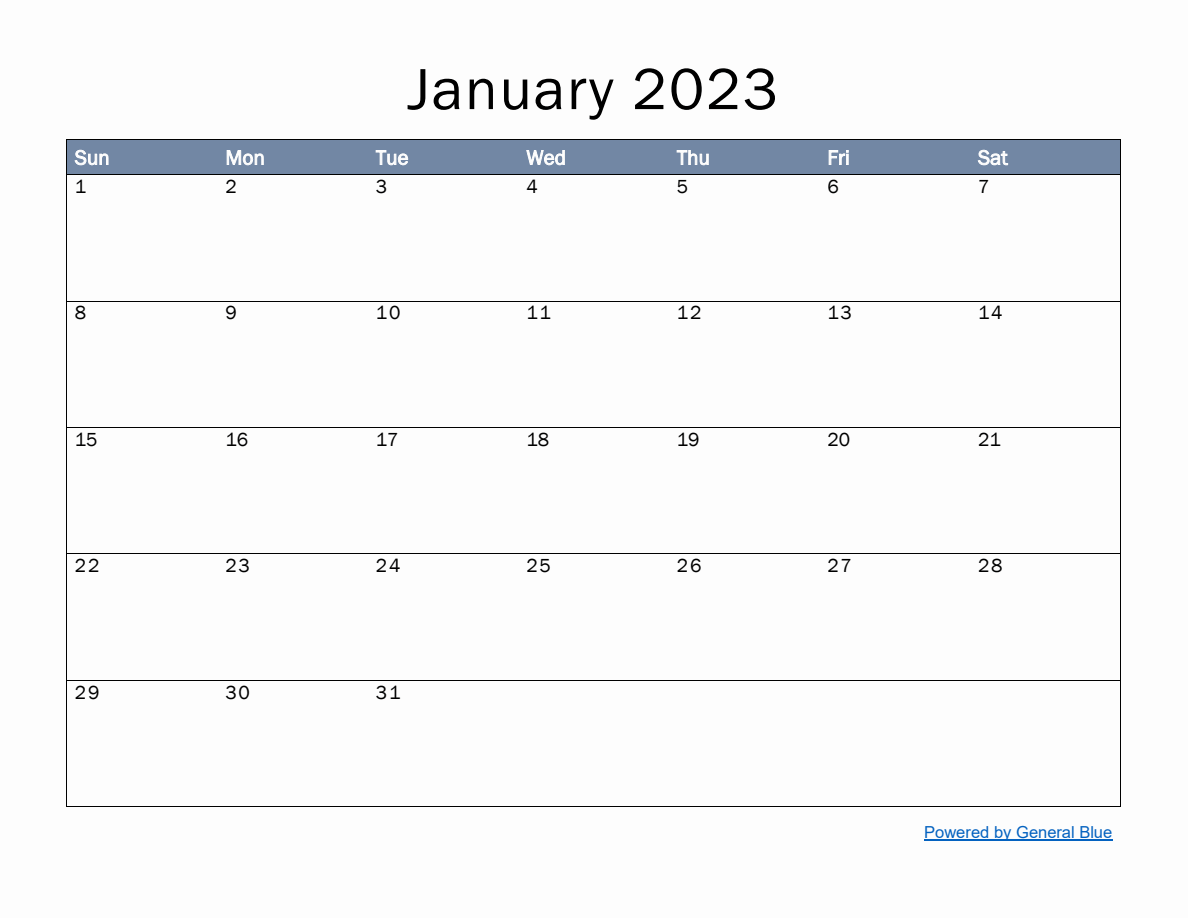 Monthly Calendar Template for January 2023