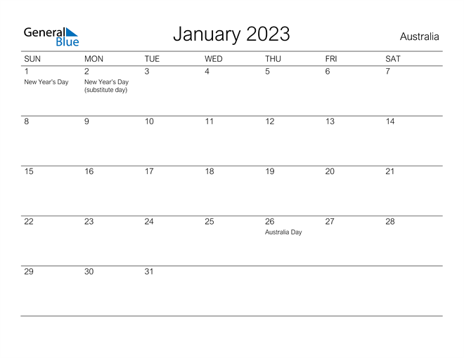 January 2023 Calendar With Australia Holidays
