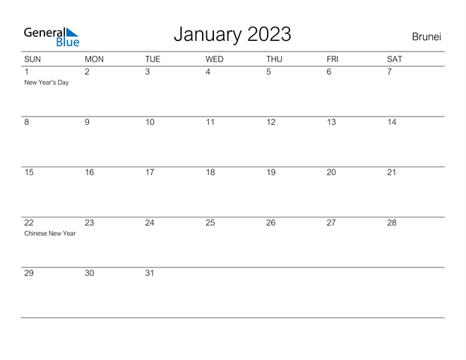 January 2023 Calendar With Brunei Holidays