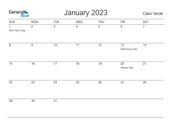 Printable January 2023 Calendar for Cabo Verde