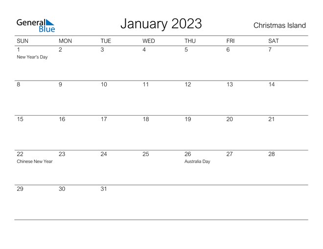 Printable January 2023 Calendar for Christmas Island