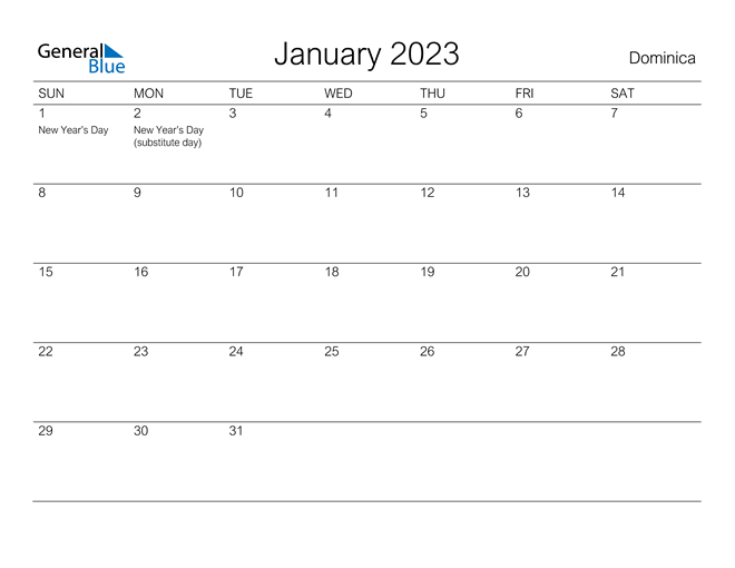 Printable January 2023 Calendar for Dominica