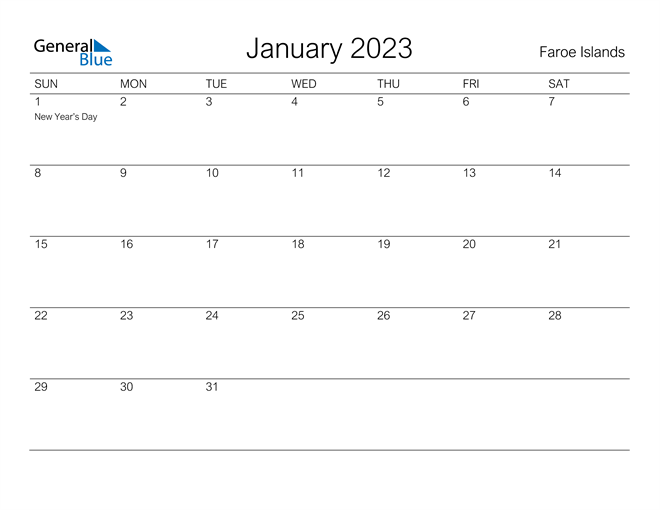 Printable January 2023 Calendar for Faroe Islands