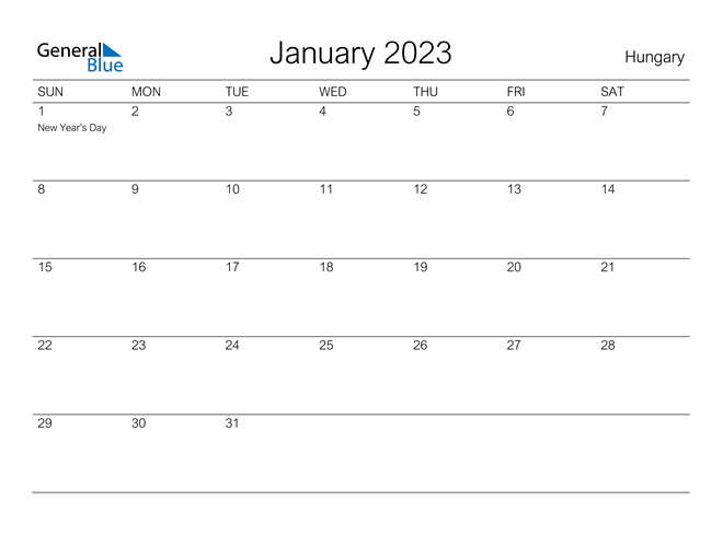 Printable January 2023 Calendar for Hungary