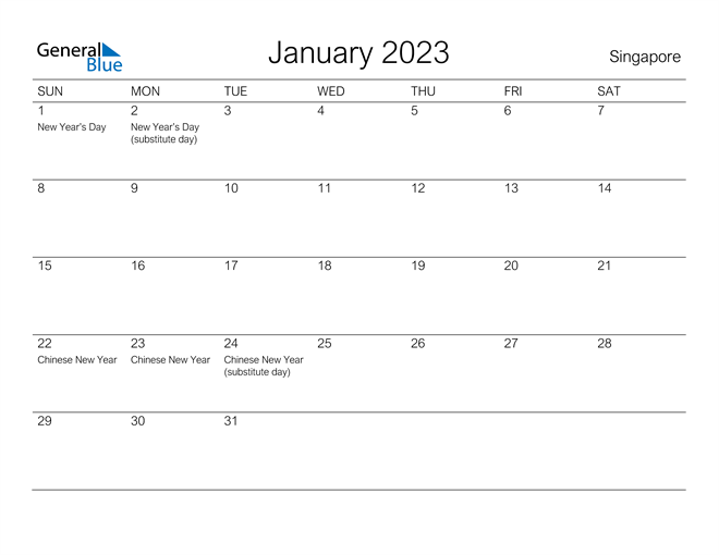 January 2023 Calendar with Singapore Holidays