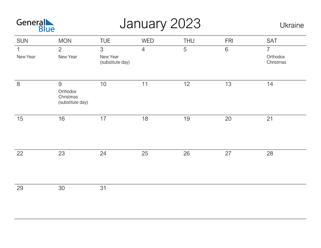Printable January 2023 Calendar for Ukraine