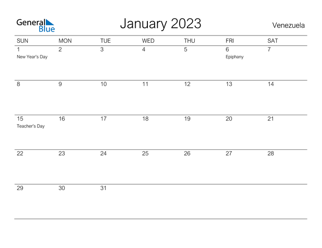 Printable January 2023 Calendar for Venezuela