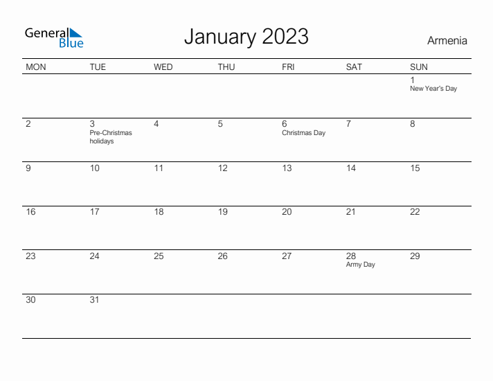 Printable January 2023 Calendar for Armenia