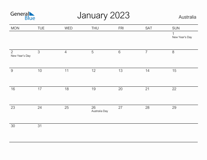 Printable January 2023 Calendar for Australia