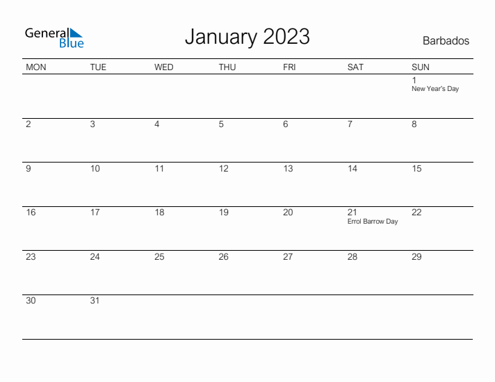 Printable January 2023 Calendar for Barbados