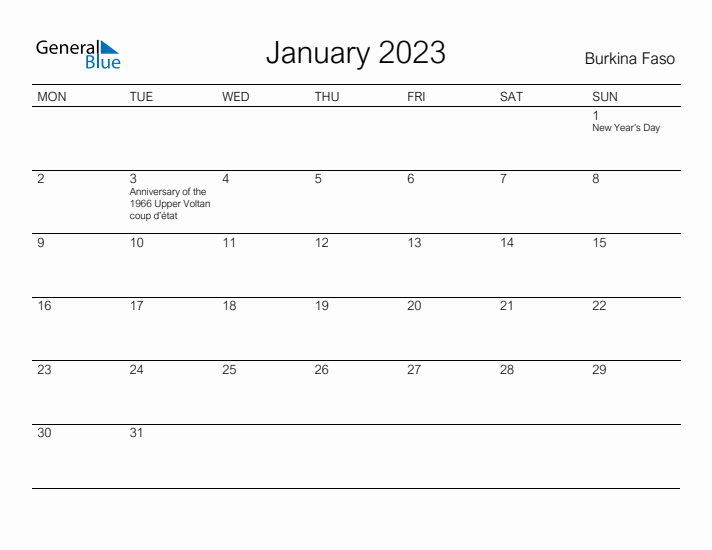 Printable January 2023 Calendar for Burkina Faso