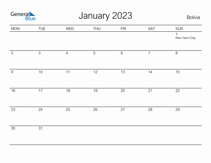 Printable January 2023 Calendar for Bolivia