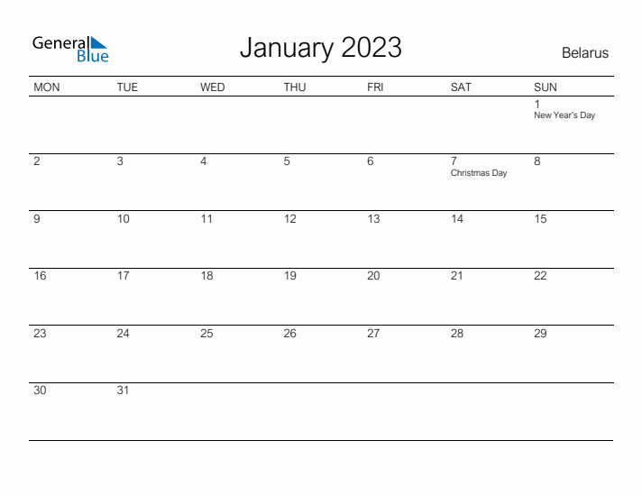 Printable January 2023 Calendar for Belarus