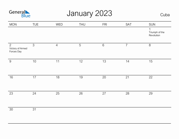 Printable January 2023 Calendar for Cuba
