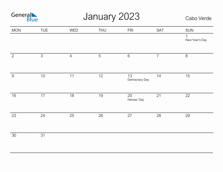 Printable January 2023 Calendar for Cabo Verde