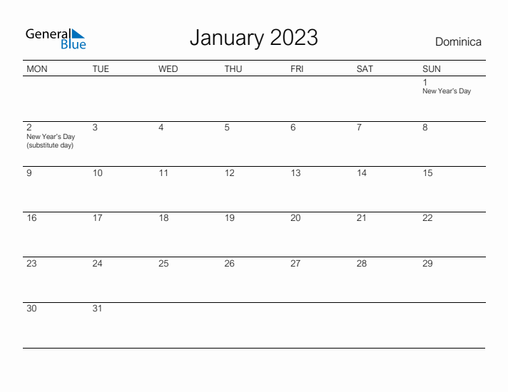 Printable January 2023 Calendar for Dominica