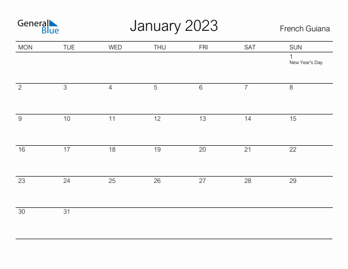 Printable January 2023 Calendar for French Guiana