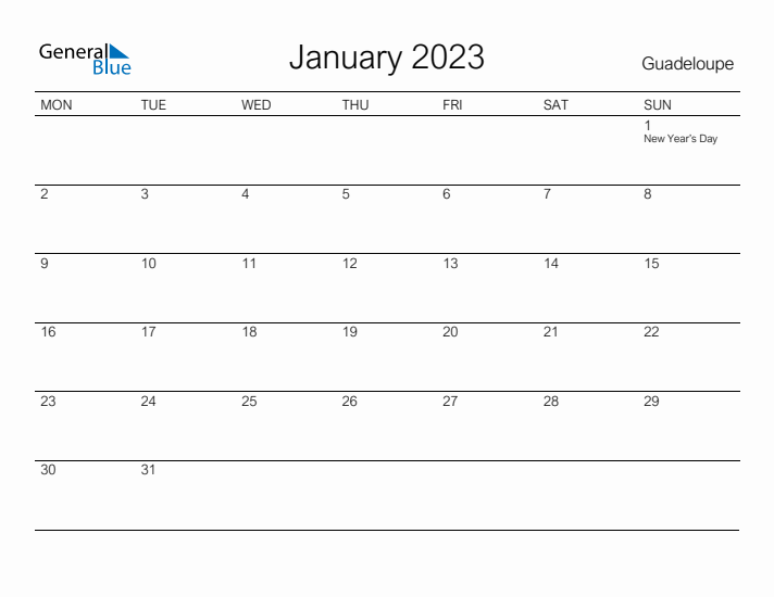 Printable January 2023 Calendar for Guadeloupe