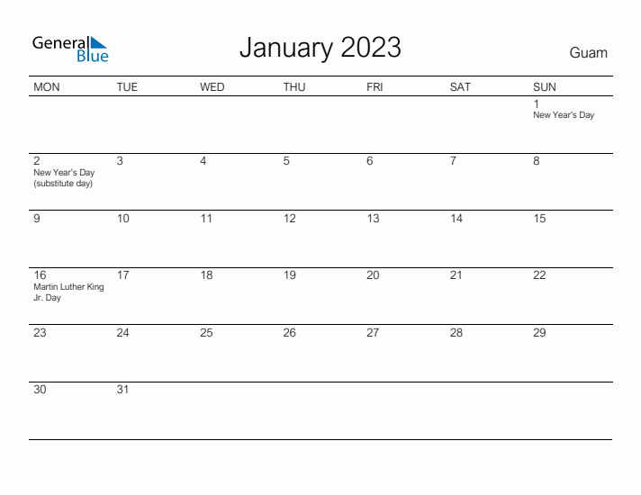 Printable January 2023 Calendar for Guam