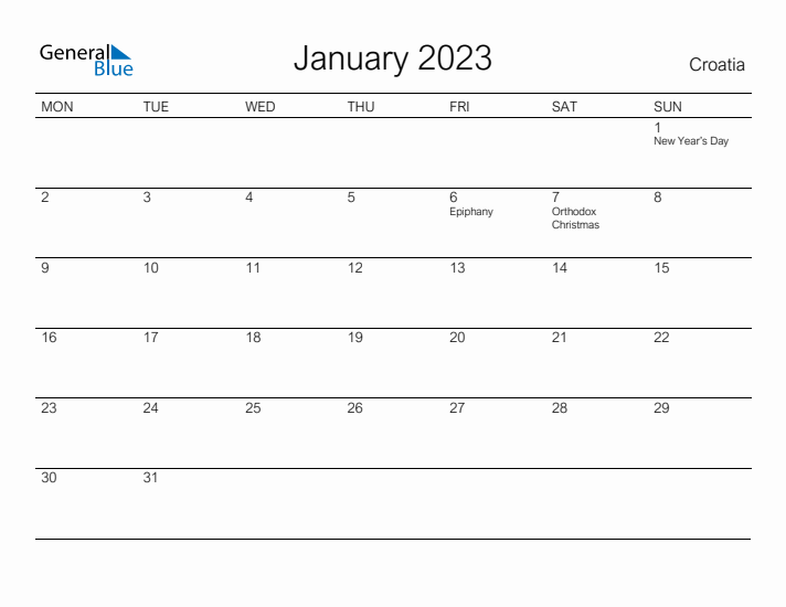 Printable January 2023 Calendar for Croatia