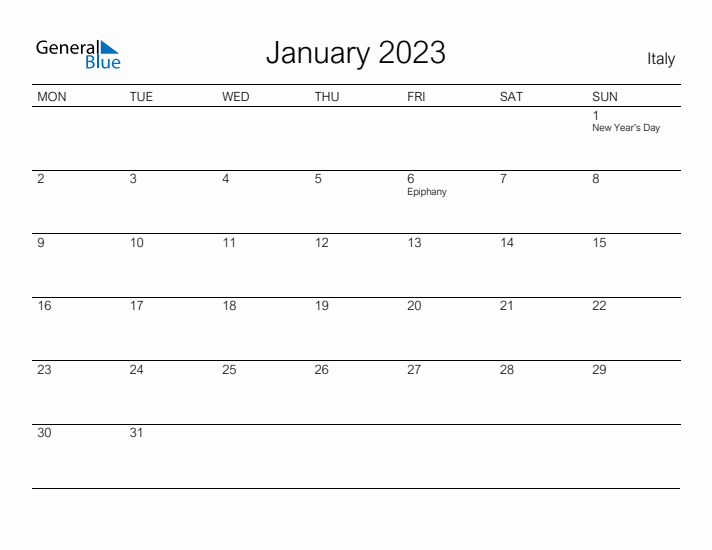 Printable January 2023 Calendar for Italy