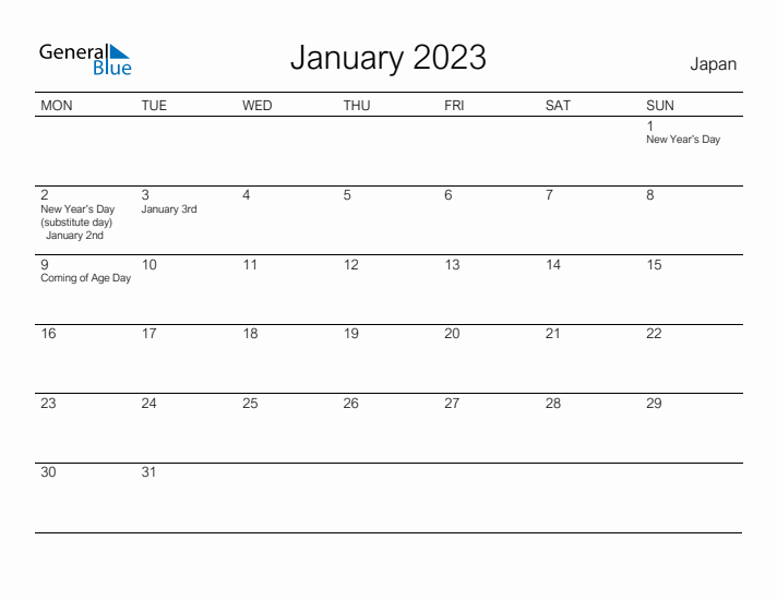 Printable January 2023 Calendar for Japan