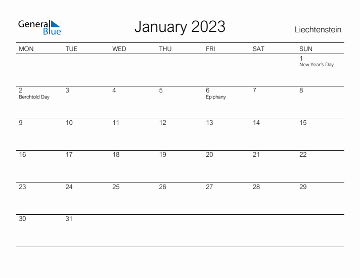 Printable January 2023 Calendar for Liechtenstein