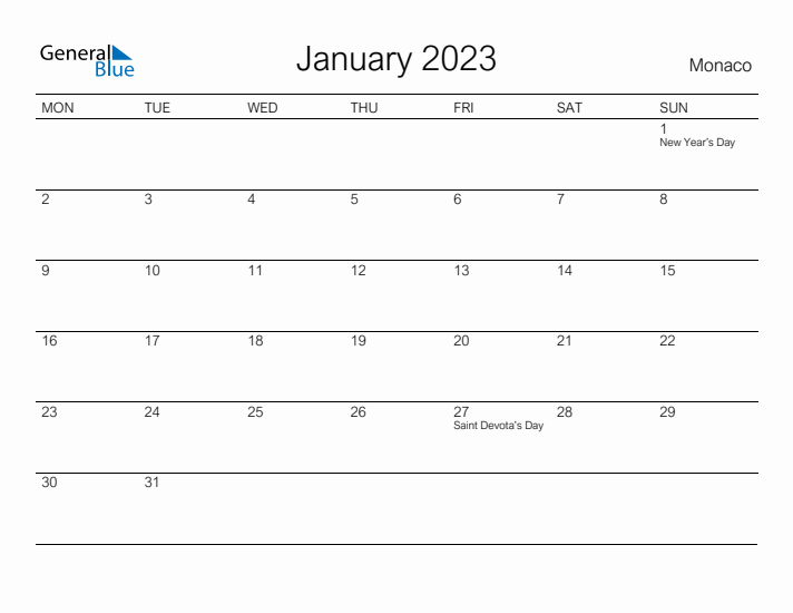 Printable January 2023 Calendar for Monaco