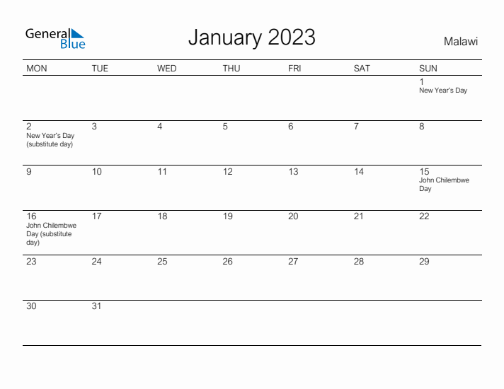 Printable January 2023 Calendar for Malawi