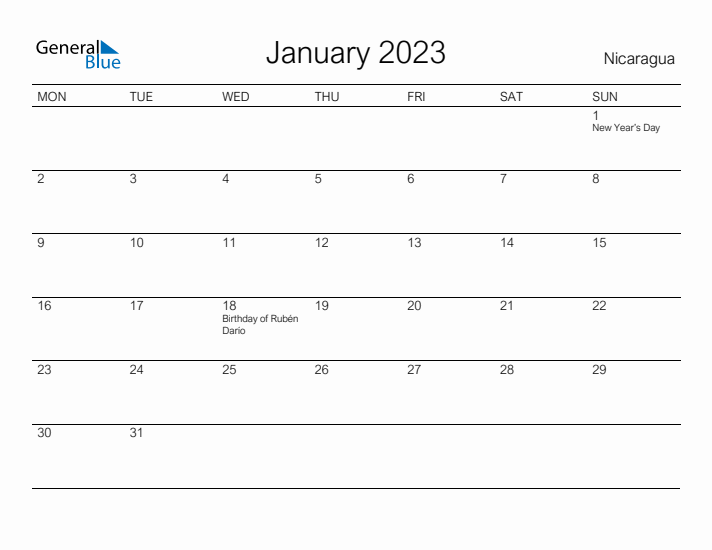Printable January 2023 Calendar for Nicaragua