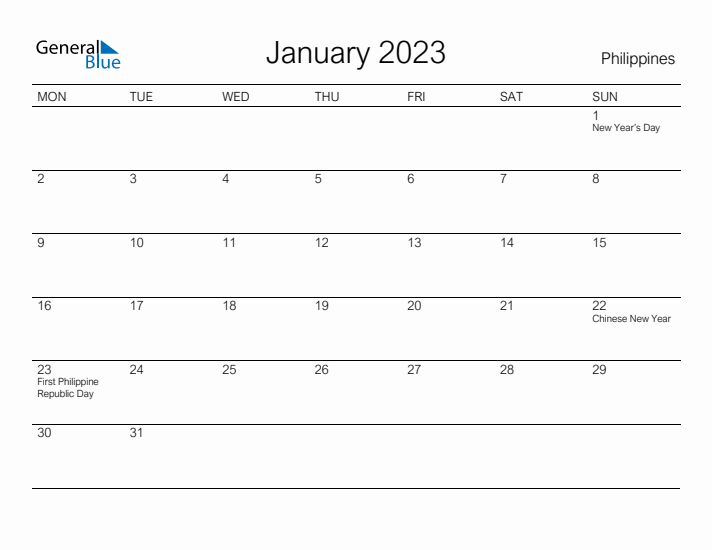 Printable January 2023 Calendar for Philippines
