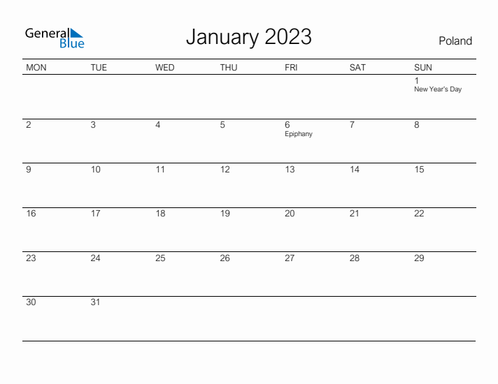 Printable January 2023 Calendar for Poland