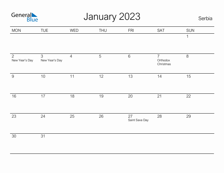 Printable January 2023 Calendar for Serbia