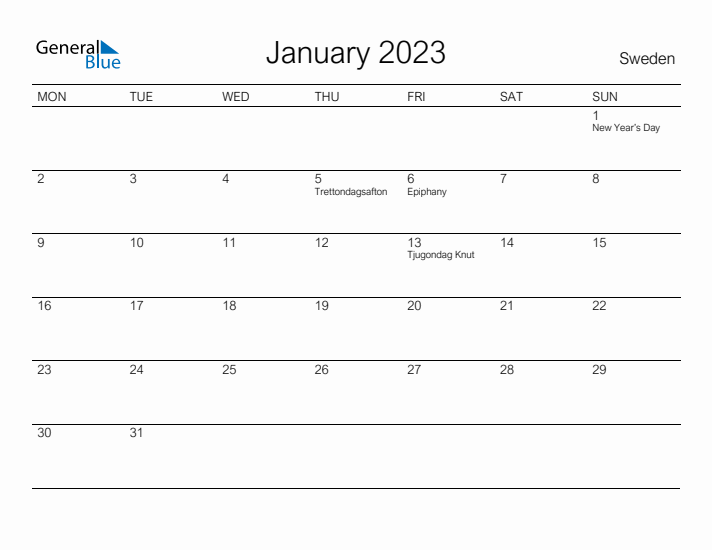 Printable January 2023 Calendar for Sweden