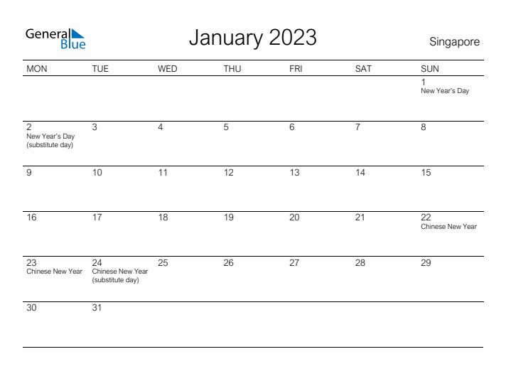 Printable January 2023 Calendar for Singapore