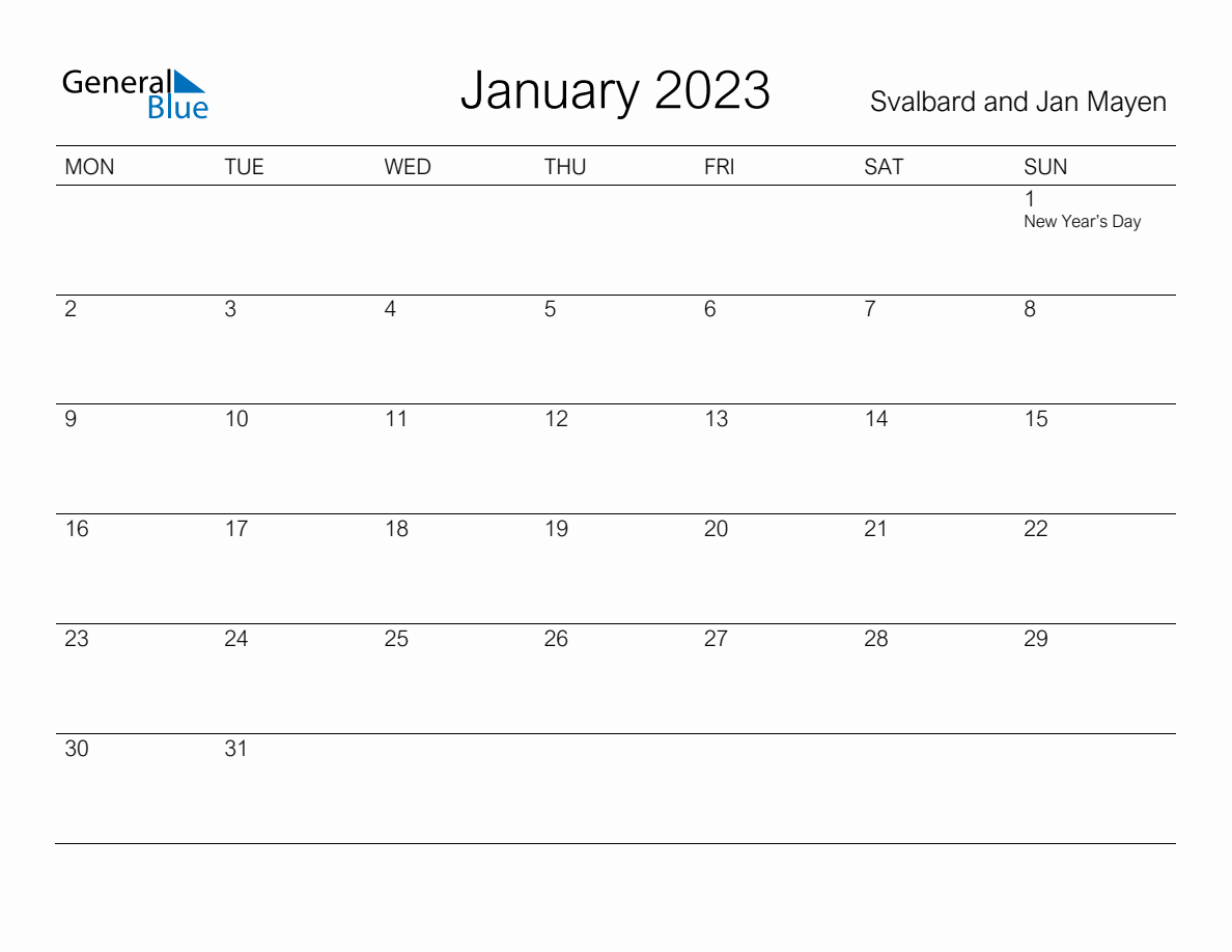 Printable January 2023 Monthly Calendar With Holidays For Svalbard And