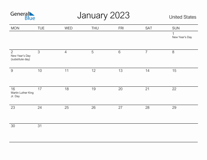 Printable January 2023 Calendar for United States