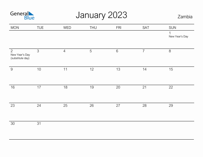 Printable January 2023 Calendar for Zambia