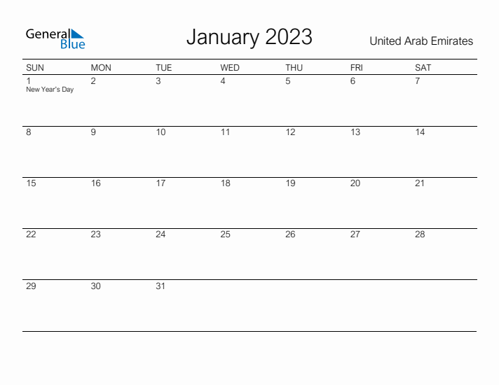 Printable January 2023 Calendar for United Arab Emirates