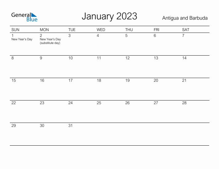 Printable January 2023 Calendar for Antigua and Barbuda