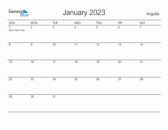 Printable January 2023 Calendar for Anguilla